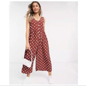 ASOS DESIGN Button Front Smock Jumpsuit in Brown and Cream polkadot spot vneck